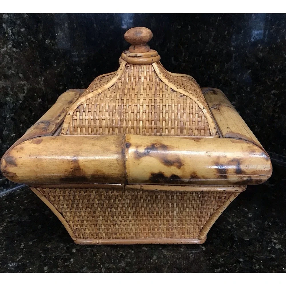 Vintage Wicker Rattan Scorched Bamboo Storage Box With Lid Planter